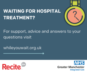 A graphic promoting the while you wait website, for patients waiting for hospital treatment.