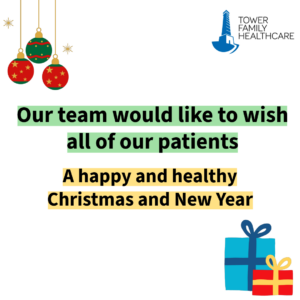 A graphic wishing our patients a happy and healthy Christmas and New Year