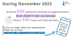 A graphic letting patients know about missed appointments and how to cancel an appointment
