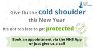 A graphic letting patients know the flu vaccination is still available and encouraging eligible patients to get booked in and protected. 