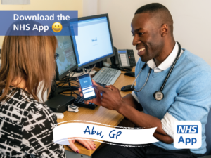 A graphic promoting the NHS App for patients to use.