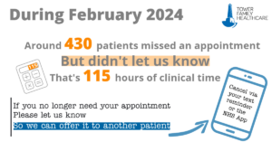 A graphic letting patients know how many missed appointments there were in February and ways to cancel if you no longer need your appointment.