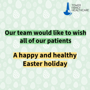 A graphic wishing our patients a happy and healthy Easter holiday.