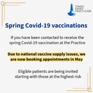 A graphic letting patients know we are inviting eligible people to have their spring Covid vaccination, however, due to supply issues we are now booking appointments in May.