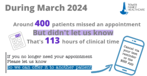 A graphic letting patients know how many missed appointments there were in March and ways to cancel if you no longer need your appointment.