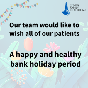 A graphic wishing our patients a happy and healthy bank holiday and letting them know about service availability over the bank holiday period. 