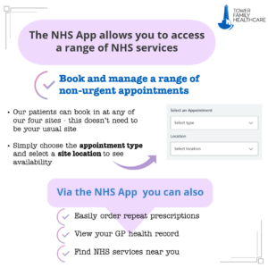 A graphic promoting the NHS and letting patients know how to book an appointment along with other features including ordering repeat prescriptions.