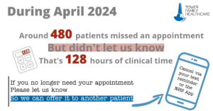 A graphic letting patients know how many missed appointments there were in April and ways to cancel if you no longer need your appointment.