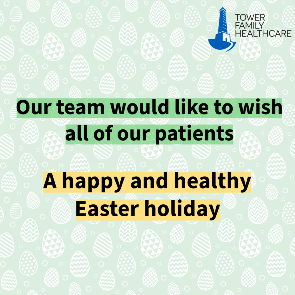 A graphic wishing our patients a happy Easter and letting them know about service availability over the bank holiday weekend. 