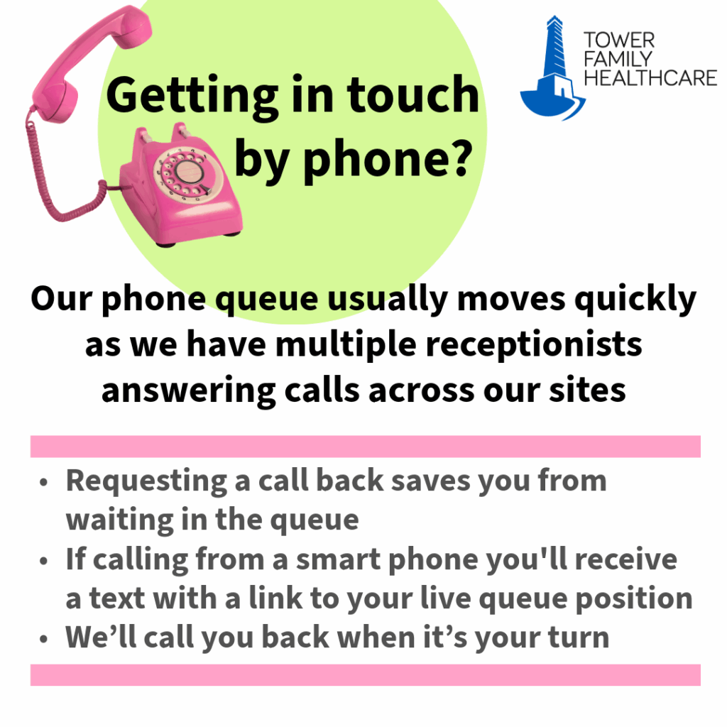 A graphic that lets patients know that if they are getting in touch by phone, the phone queue moves quickly due to the number of receptionists answering calls across our sites.