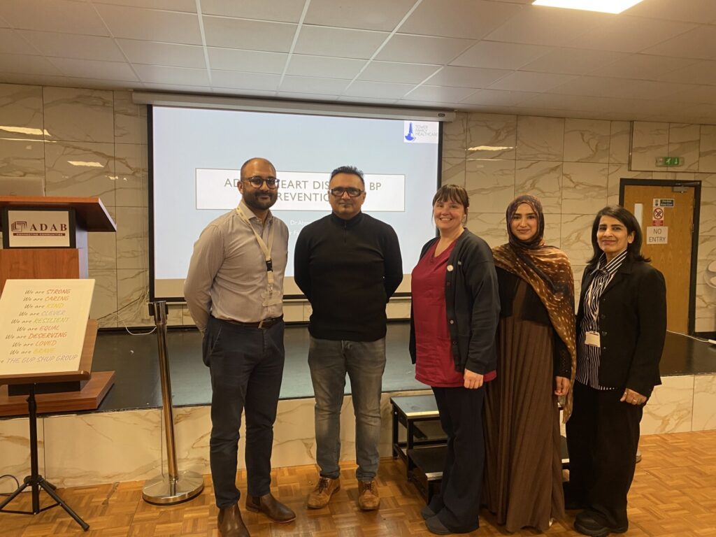 A photograph taken at a health and wellbeing session - delivered by Tower Family Healthcare at ADAB in Bury. The focus was heart disease, high blood pressure, and how people can reduce their risk.