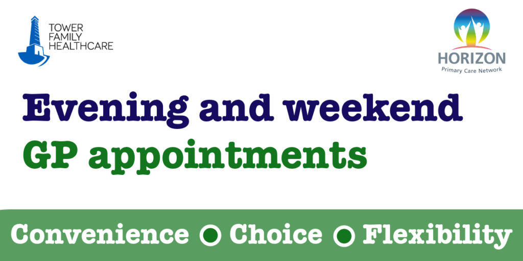 A graphic promoting evening and weekend appointment availability.